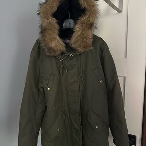 J. Crew Olive Green Women's Parka with removable Fur Trim